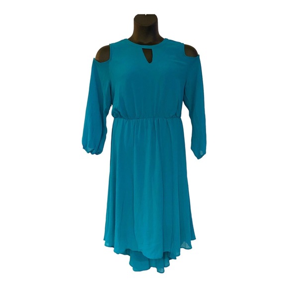 Midnight Velvet Chiffon Peacock Blue Office Casual Church Party Guest Dress - Picture 3 of 16